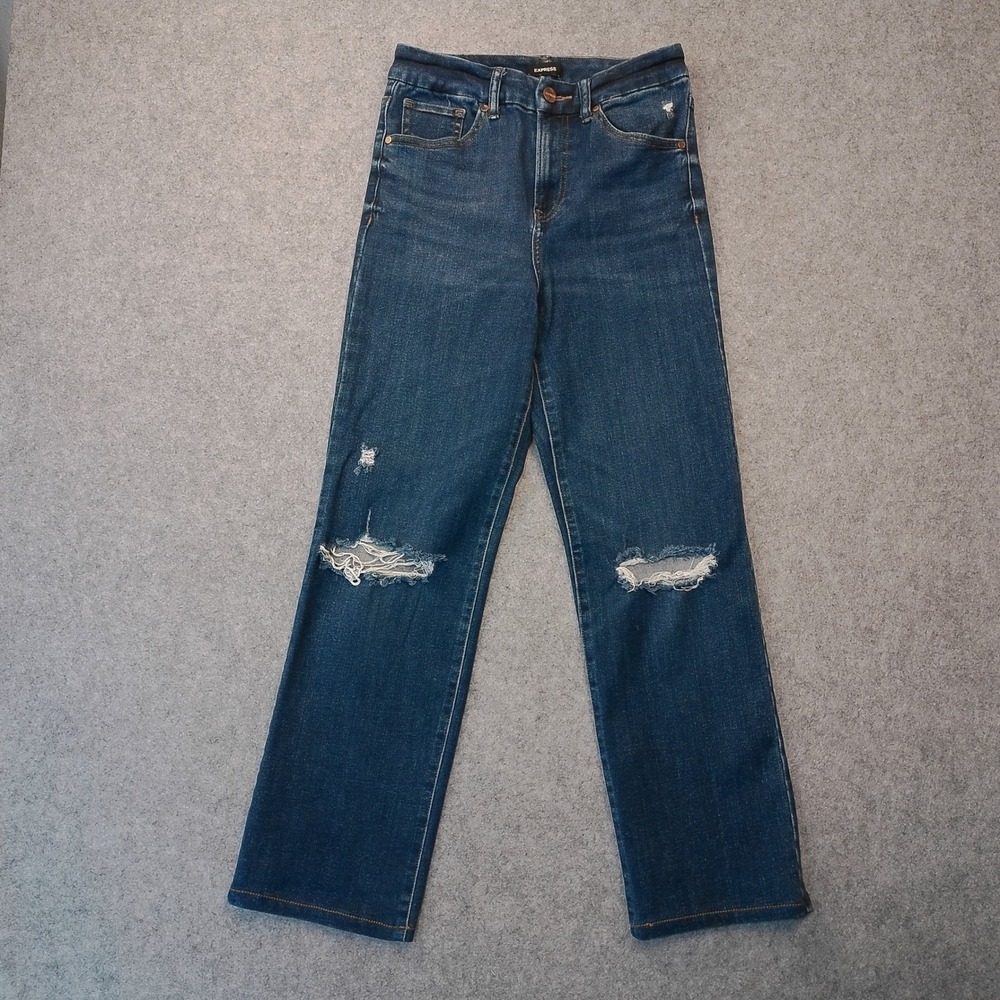 Express Womens High Waisted  Straight Leg Jeans Dark Wash Blue Distressed